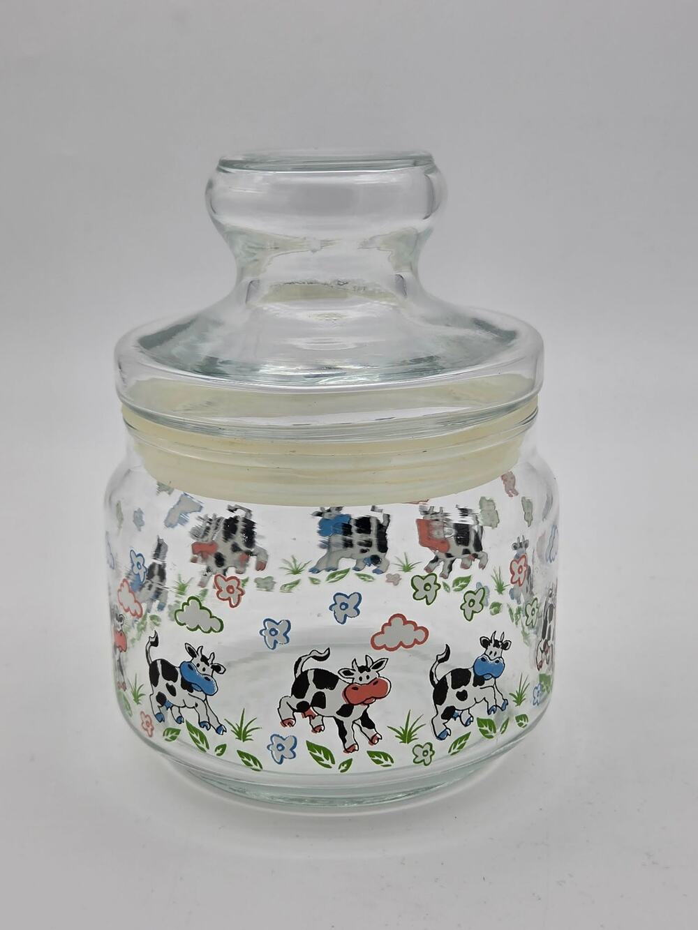 Vintage Cows and Clouds Candy Storage Jar Glass Canister Farmhouse Kitchen